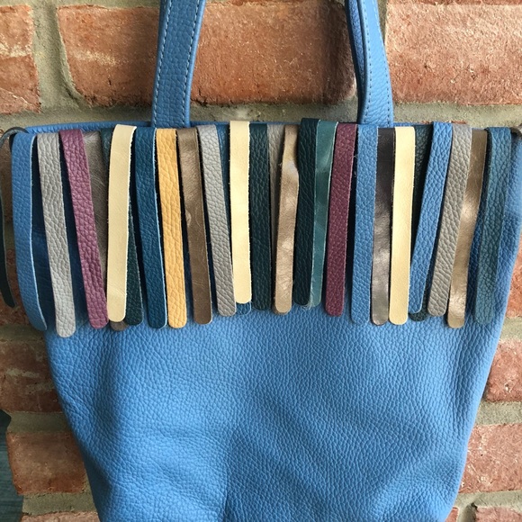 COCO BARCLAY Blue Pebbled Leather Boho Shoulder Bag Fringe London EUC - Picture 4 of 9